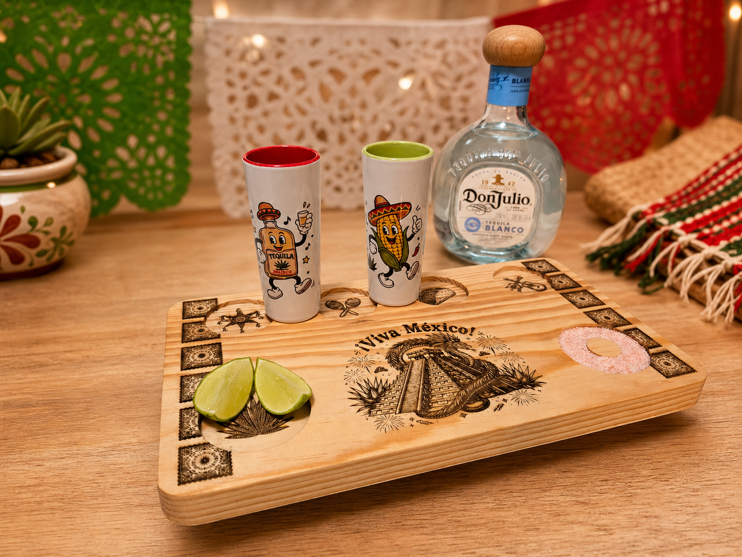 Paquete de tabla, dos tequileros y botella para 15 de septiembre