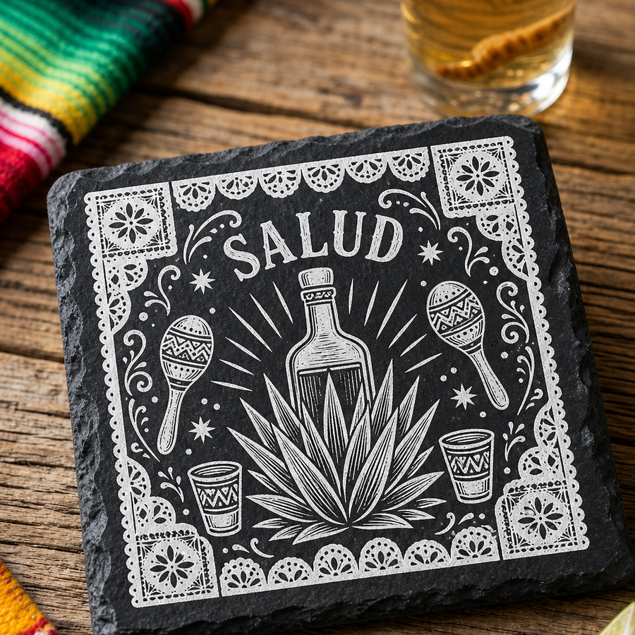 Porta vasos con agave tequila y texto salud